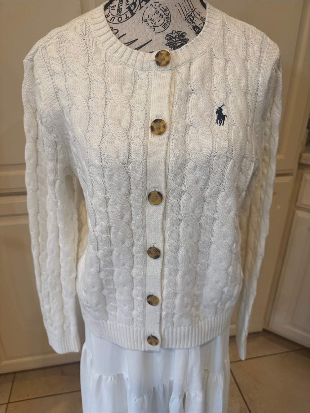 Ralph Lauren Ivory Cable-Knit Button-Up Cardigan